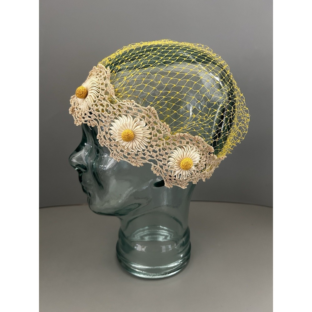 Vintage Crochet Daisies Net Daisy Hat Cap Flapper Deco Hippie Boho